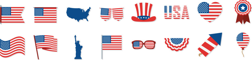 USA patriotic icons set with American flag elements, party decorations, typography and national symbols vector collection © Pixora Creative
