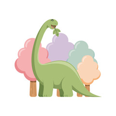 Fototapeta premium Cute cartoon green diplodocus dinosaur character eating a leafy branch amidst stylized pastel colored trees in a whimsical vector illustration for childrens nursery art