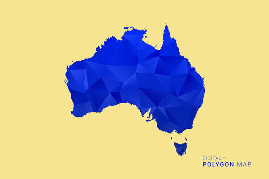 Australia Map - Low poly polygon map in deep blue gradient on soft beige background, modern minimal geometric design, clean abstract vector illustration with faceted triangulated style.