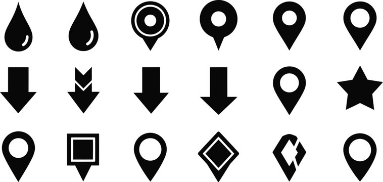 Collection of black vector icons including drops, arrows, and map markers Keywords: icon, set, collection, symbol, graphic, design, vector