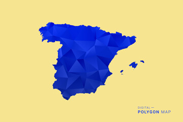 Fototapeta premium Spain Map - Low poly polygon map in deep blue gradient on soft beige background, modern minimal geometric design, clean abstract vector illustration with faceted triangulated style.
