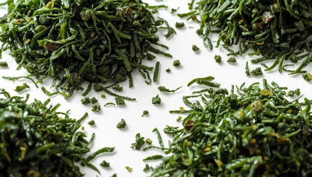 Isolated Nori Flakes. Dried Aonori Seaweed, Seaweed Crumbles, Nori Pieces, Furikake on Light Background