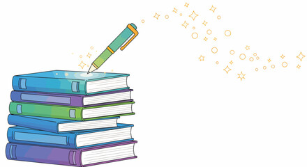 Fototapeta premium Colorful stack of books with a magic pen on top, surrounded by sparkling stars on a white background, representing writing and imagination.