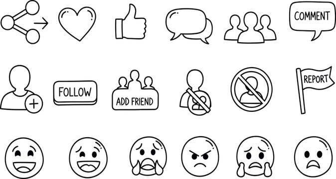 A collection of 20 simple line drawn emoticon faces and social media icons in black on a white background