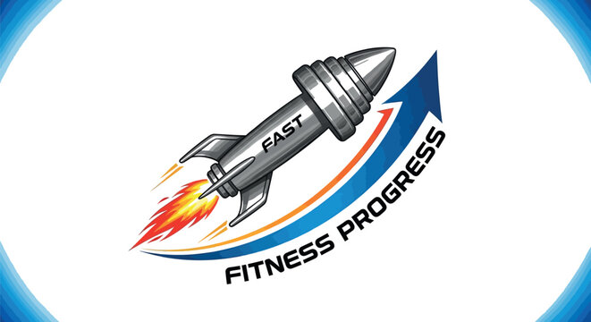 A vibrant illustration depicts a fast silver rocket with 'FAST' written on its side, launching rapidly upwards following an arrow indicating significant 'FITNESS PROGRESS' on a white background.