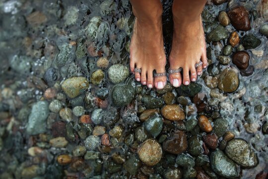 Close-up overhead view of bare feet with toe rings on smooth, wet, colorful stones