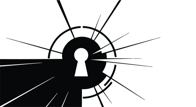 Abstract geometric design featuring a keyhole aperture radiating lines, symbolizing access or unlocking opportunities on a white background.