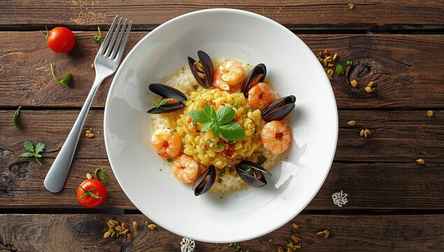 Fresh gourmet seafood risotto with mussels, shrimp, prawns, and squid on a rustic table