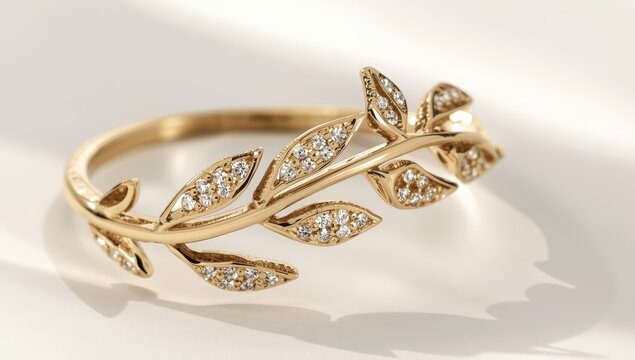 Chic gold-plated ring featuring a fine leaf motif adorned with tiny sparkling zircon gems. Stylish women's jewelry showcased on a light backdrop. Fashion accessory and luxury piece