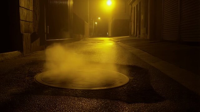 Urban steam vent at night, illuminating foggy alleyway, mysterious street scene, atmospheric lighting fog light.