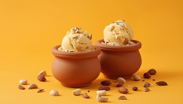 Two clay pots of kulfi ice cream on a vibrant orange backdrop, garnished with cashews and almonds. This traditional Indian treat is made from milk, spices, and nuts