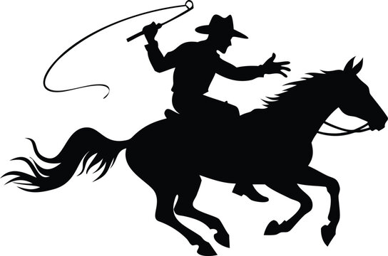 Silhouette of a cowboy on horseback wielding a lasso