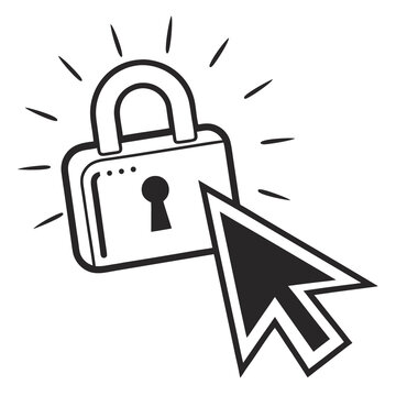 Computer mouse cursor clicking on a shining padlock icon representing cyber security online safety and website protection measures in vector format