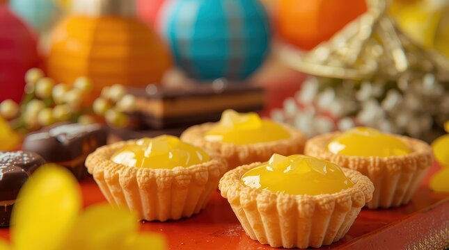 Selective focus on cookies. Traditional Eid treats called pineapple tarts or nastar in Indonesia, these bite-sized pastries are filled or topped with pineapple jam