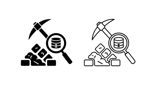Data mining and database icon with pickaxe and magnifying glass