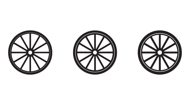 Set of three identical wagon wheel icons in black color on white background for design and illustration purposes  simple and classic