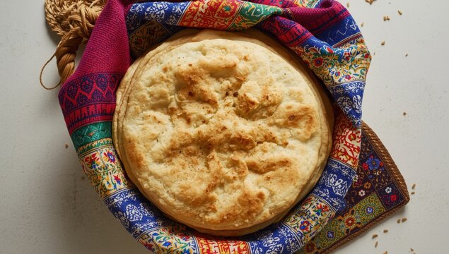 Aerial shot of a pile of classic Moroccan Batbout bread, or Mkhamer. Soft, fluffy flatbreads in a woven basket with a vibrant napkin