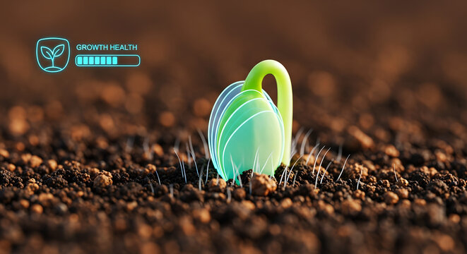 Young plant seedling in dirt with digital growth health status bar and icon.