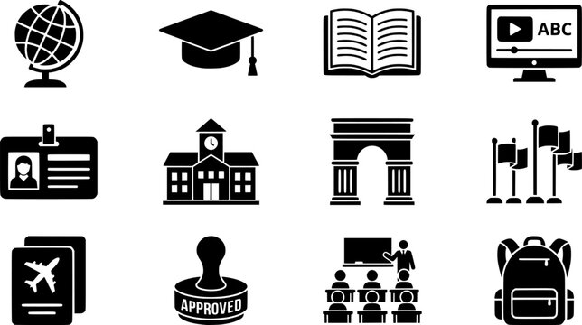 International Education Icons. Outline icon set of international education: world globe, student hat, open

