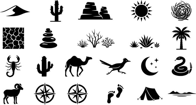 Desert Garden Icons. Outline icon set of Desert-themed garden elements: sand dune, cactus, rock pile, sun icon
