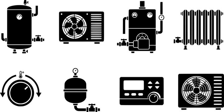 Heating Systems Icons. Heating systems. Filled icon set of Heating systems: boiler, heat pump, solar water
