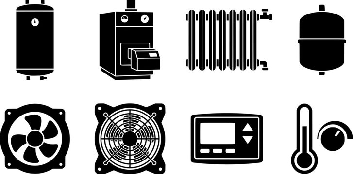 Heating Systems Icons. Heating systems. Filled icon set of Heating systems: boiler, heat pump, solar water

