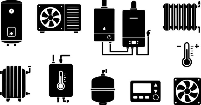 Heating Systems Icons. Heating systems. Filled icon set of Heating systems: boiler, heat pump, solar water
