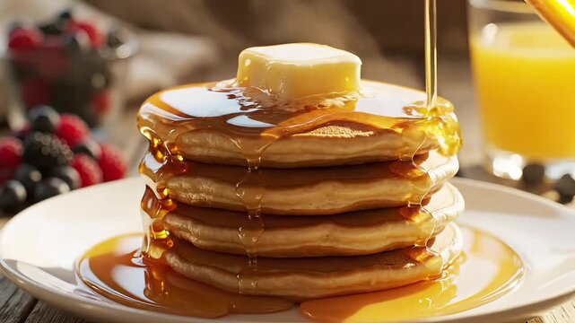 stack of pancakes with butter and syrup being poured on top