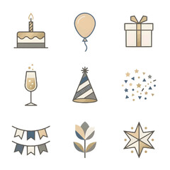 Fototapeta premium 北欧風の洗練された誕生日アイコン9種セット 白背景に孤立したミニマルなセレブレーションと記念日のイラスト 高品質なデザイン素材