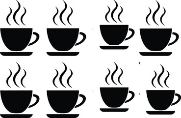 Obraz premium Collection of eight black silhouette steaming coffee cups on saucers, symbolizing hot beverages, morning routines, and cozy cafe experiences.