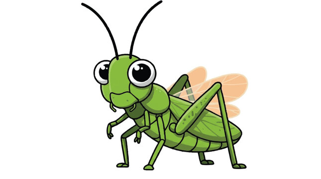 cartoon green grasshopper with big eyes and orange wings standing alone