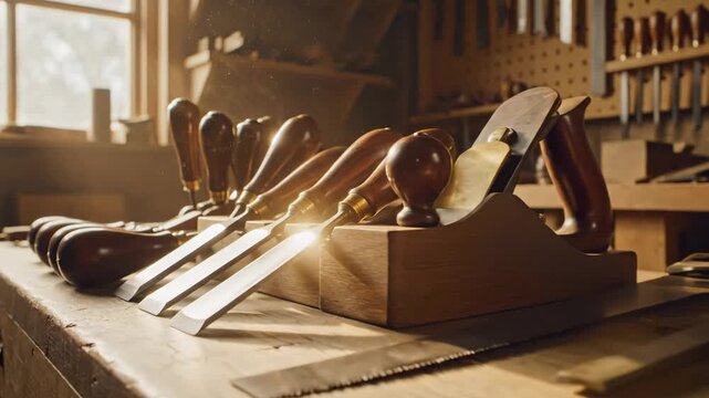 Woodworking workshop tools in motion: chisels and planes on a sunlit bench