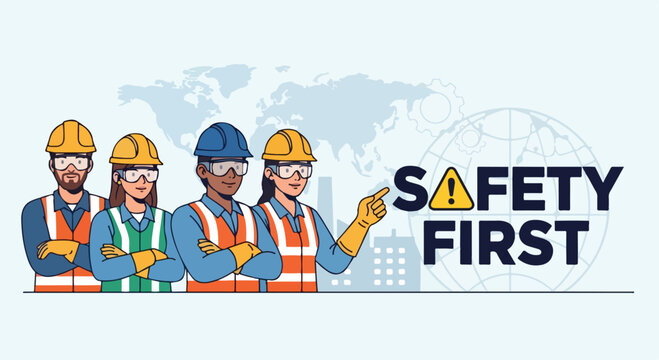 Diverse construction workers wearing safety gear standing together with a Safety First sign on World Day for Safety and Health at Work