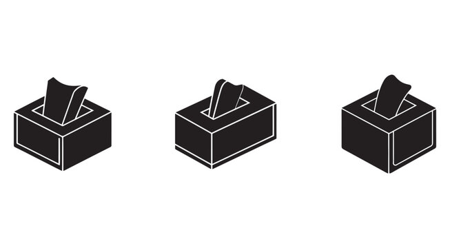 Three black and white illustrations of tissue boxes with tissues sticking out in different positions  isolated on white background