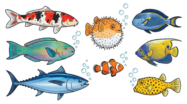 colorful fish swimming together in ocean water with bubbles rising up