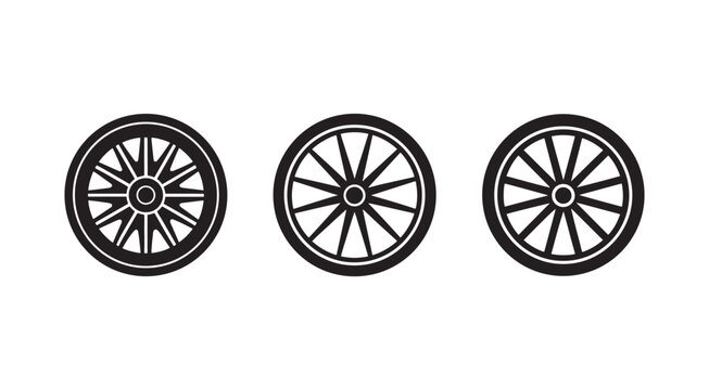 Three black and white wagon wheel icons in different angles on white background