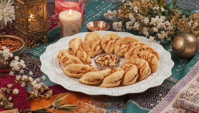 Qatayef, a traditional Arabian dessert filled with cheese and walnuts, featuring Ramadan decorations