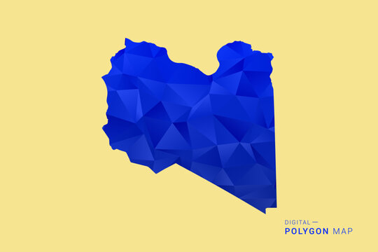 Libya Map - Low poly polygon map in deep blue gradient on soft beige background, modern minimal geometric design, clean abstract vector illustration with faceted triangulated style.