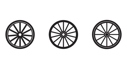 Fototapeta premium Three black and white wagon wheel icons with spokes in different positions on white background various orientations of classic cart wheel designs