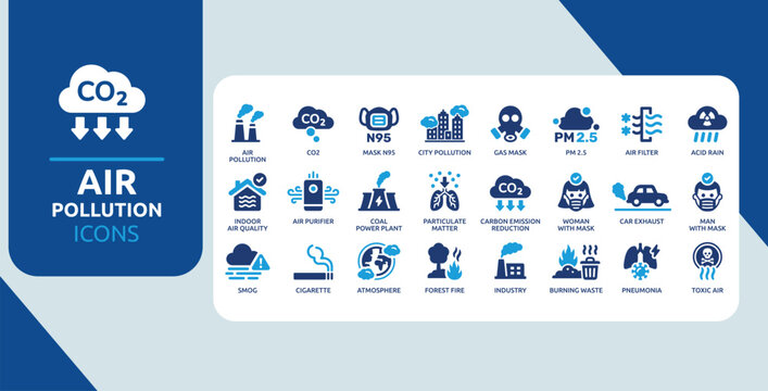 Air Pollution and Environmental Health Symbols &ndash; Emissions, Air Quality and Safety Icon Collection