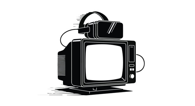 Retro television set topped with a vintage video headset, illustrating a convergence of old and new media technologies, isolated on a white background with empty screen for text.