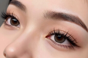 Naklejka premium Close-up of a person's eyes with long, curled lashes.