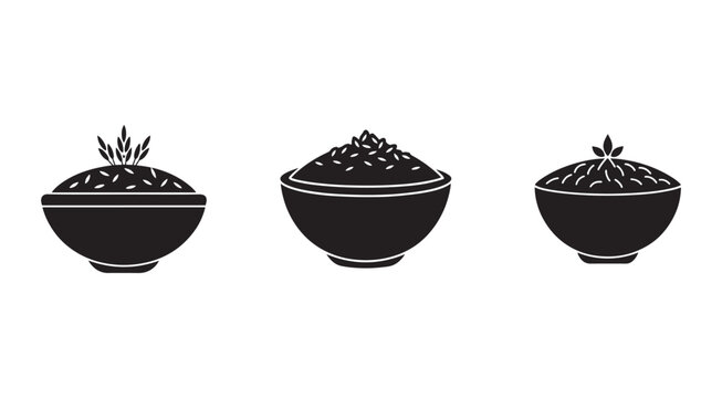 Three black bowls of cereal with leaves on top isolated on white background  bowls of cereal  cereal bowls  food icons