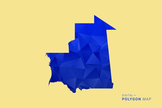 Mauritania Map - Low poly polygon map in deep blue gradient on soft beige background, modern minimal geometric design, clean abstract vector illustration with faceted triangulated style.