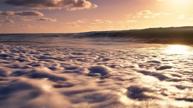 Golden sunset waves crashing on sandy shoreline with luminous reflections
