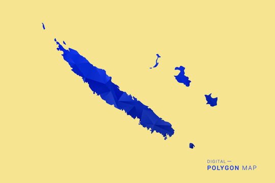 New Caledonia Map - Low poly polygon map in deep blue gradient on soft beige background, modern minimal geometric design, clean abstract vector illustration with faceted triangulated style.