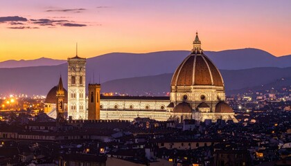 Fototapeta premium Florence Cathedral and Giotto's Campanile illuminated at dusk.
