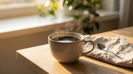 Fototapeta premium Peaceful Coffee Break with Soft Sunlight and Minimalist Wooden Table Composition