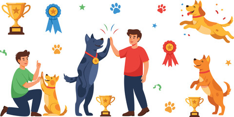 Naklejka premium Dog training and obedience vector set with owner teaching tricks, awards, trophies and happy pets, canine behavior illustration collection