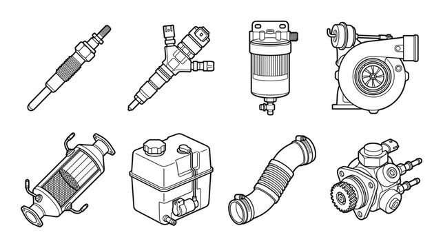 Automotive engine and exhaust system parts isolated on checkered background isometric outline vector